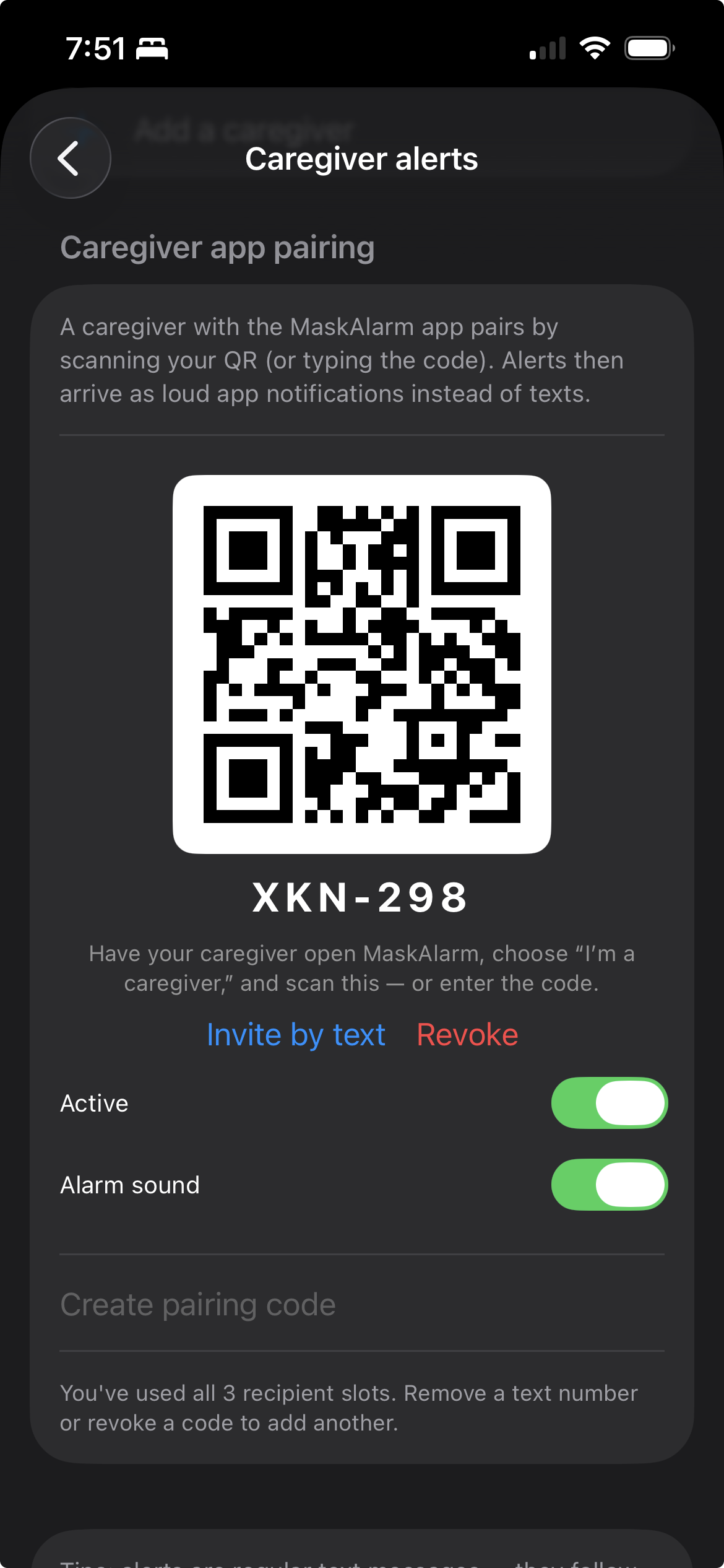 Pairing a caregiver by QR code or invite by text